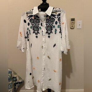 Kindred Boho Mini Dress Woven Shirt Dress Embroidered Floral. Sz‎ XLP. NWT